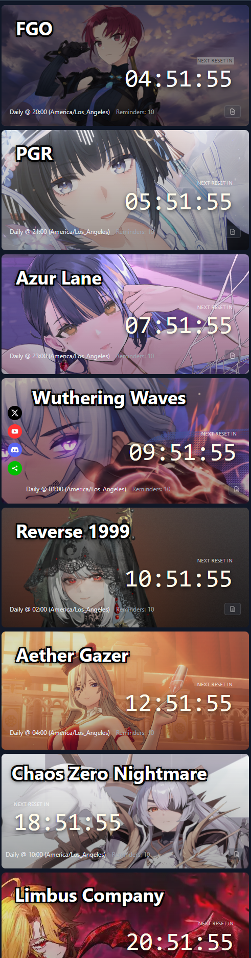 ResetPanel app interface showing countdown timers for FGO, Azur Lane, Wuthering Waves, Reverse 1999, and other gacha games